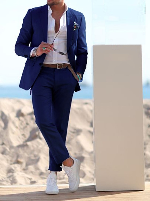  Blue Men's Beach Wedding Suits Solid Colored 2 Piece Tailored Fit Single Breasted Two-buttons 2023