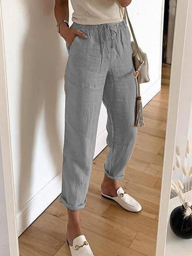  Femmes Pantalon en coton et lin Pantalons Mode Longueur complète Uni Poches Latérales Confort Non Elastique Décontracté Quotidien Noir Blanche Kaki Gris Coupe régulière