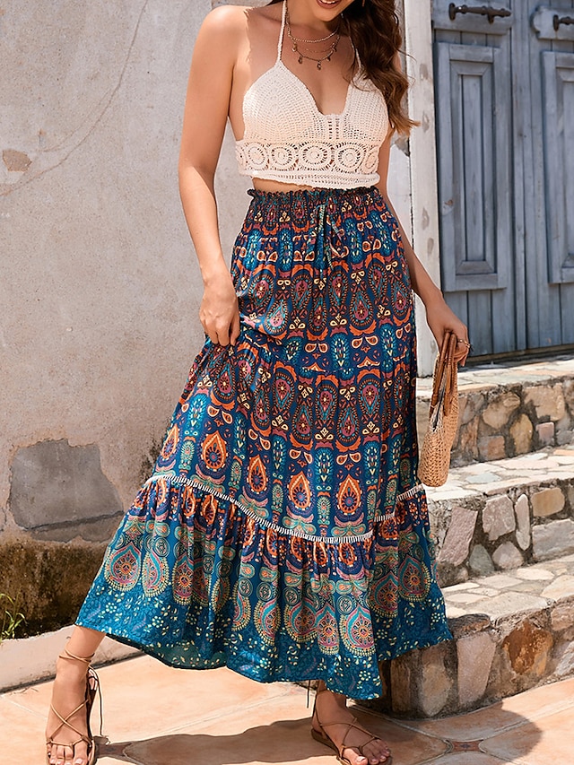 Women's Skirt Swing Bohemia Maxi High Waist Skirts Pleated Print Color Block Floral Vacation Going out Summer Cotton Polyester Vintage Retro Vintage Ethnic Casual Red Navy Blue Royal Blue 28