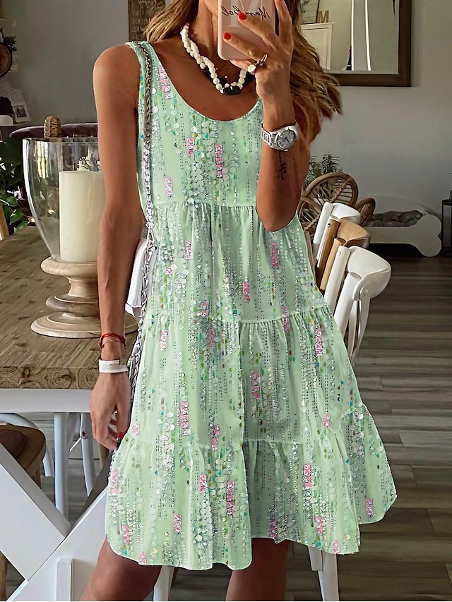  Women's Sundress Tank Dress Graphic Ruched Print Crew Neck Midi Dress Tropical Vacation Beach Sleeveless Summer Spring