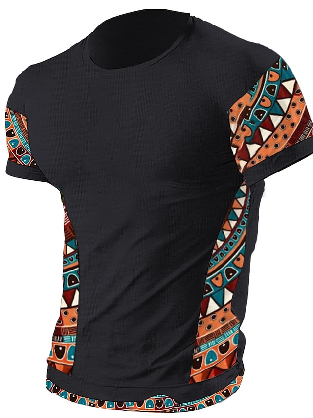  男性用 Tシャツ ティートップ カラーブロック トライバル クルーネック バケーション お出かけ 半袖 衣類 ファッション デザイナー エスニック