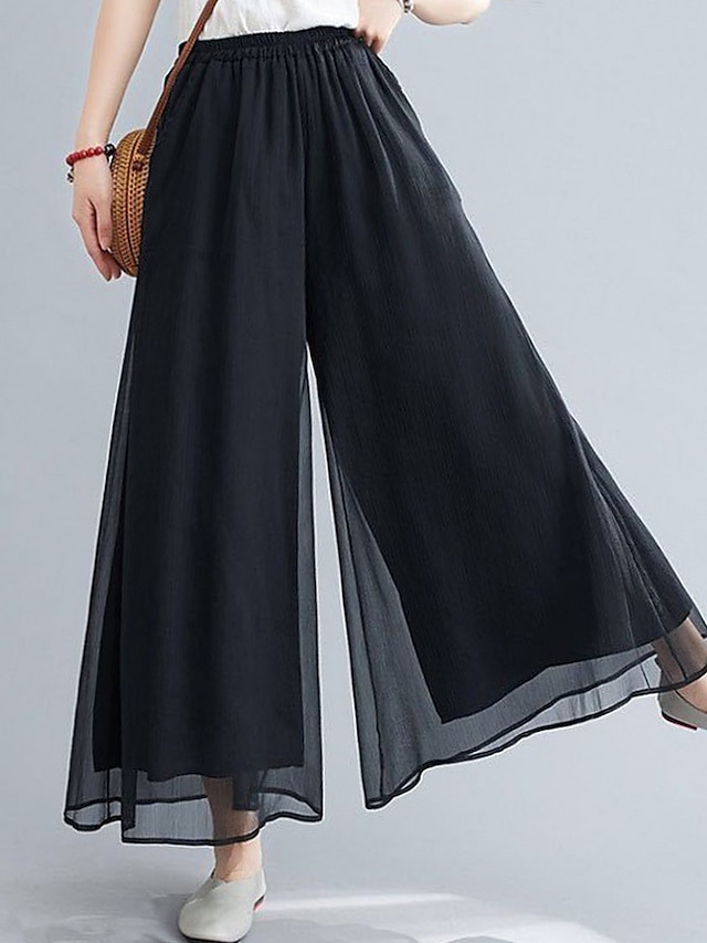  בגדי ריקוד נשים רגל רחבה צ'ינו פוליאסטר רגל רחבה בג'י גזרה גבוהה מותן בינוני באורך מלא שחור קיץ