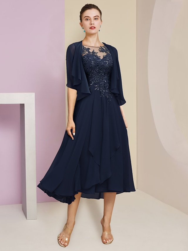  Two Piece A-Line Mother of the Bride Dress Formal Wedding Guest Elegant Scoop Neck Tea Length Chiffon Lace Short Sleeve Wrap Included with Pleats Sequin Appliques 2024