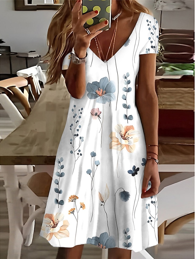  Women's Floral Print V Neck Mini Dress Daily Date Short Sleeve Summer Spring