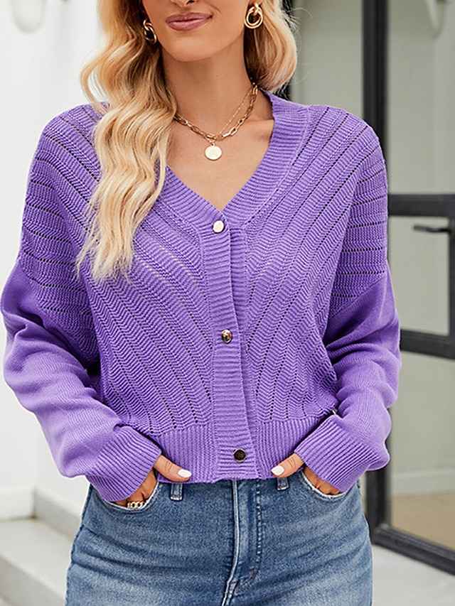  Women's Cardigan Sweater V Neck Ribbed Knit Polyester Button Summer Spring Cropped Daily Going out Weekend Stylish Casual Soft Long Sleeve Solid Color Blue Purple Green S M L