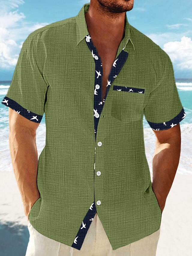 Men's Linen Shirt Summer Shirt Beach Shirt White Blue Green Short Sleeve Striped Lapel Spring