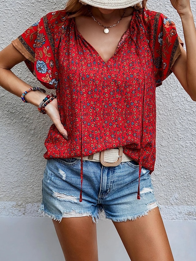  Shirt Boho Shirt Blouse Women's Black Red Blue Floral Lace up Print Casual Holiday Fashion V Neck Regular Fit S