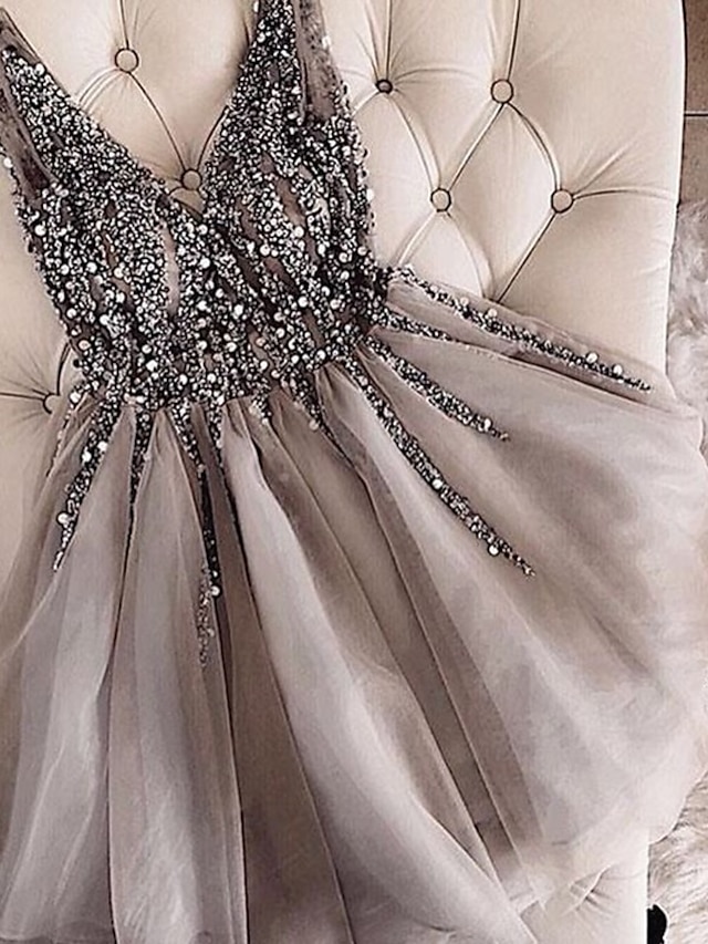  A-Line Homecoming Dresses Sparkle & Shine Dress Party Wear Birthday Short / Mini Sleeveless V Neck Tulle with Glitter 2024