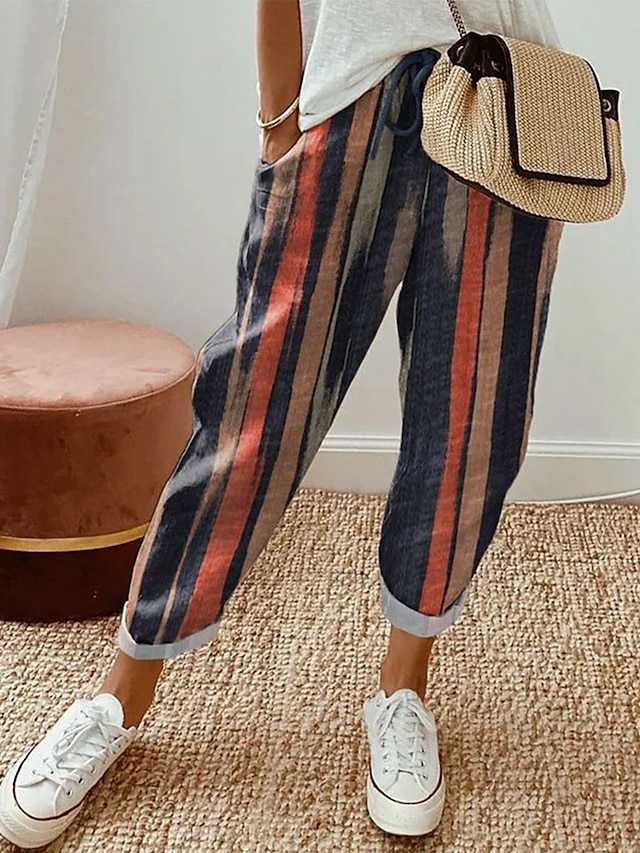  Women's Linen Pants Baggy Full Length Faux Linen Pocket Baggy Stylish Casual Daily Casual Daily Wear Sky Blue And White Black S M