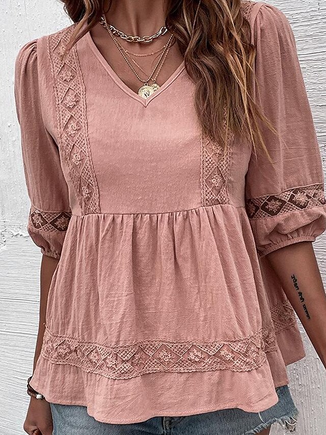  Women's Shirt Blouse Pink Plain Half Sleeve Casual Basic V Neck Regular Linen S