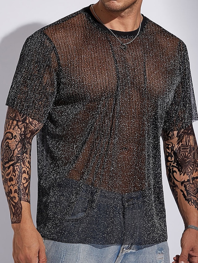  Herren T Shirt Männer Solid Glitter T-Shirt T-Shirt Kurzarm Rundhalsausschnitt Sommer Einfach Designer Basic Moderne zeitgenössische Basic Urlaub Straße Ausgehen Schwarz Top T-Shirt für Herren