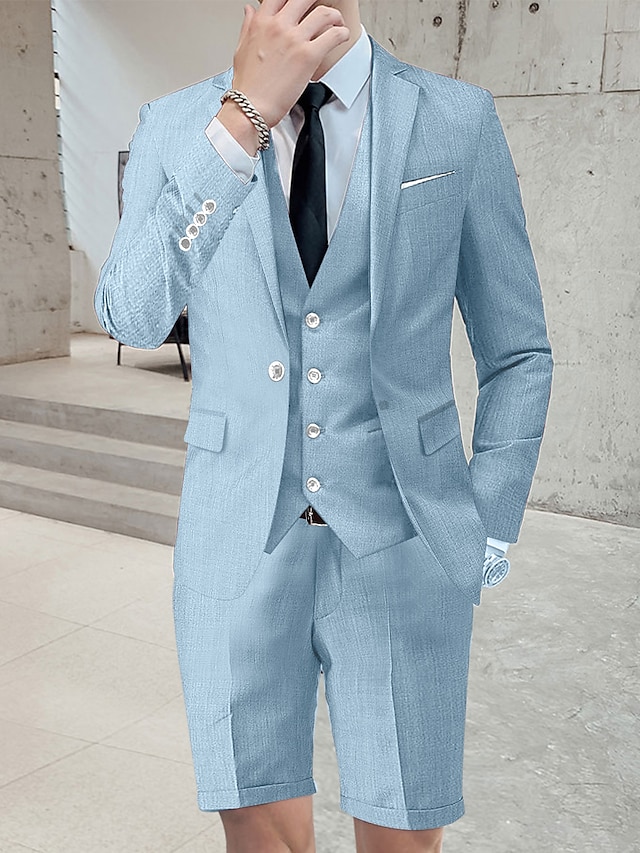  שמפניה כחול שמיים חליפות חתונה קיץ לגברים 3 חלקים בצבע אחיד בהתאמה אישית עם ארבעה כפתורים עם חזה יחיד 2024