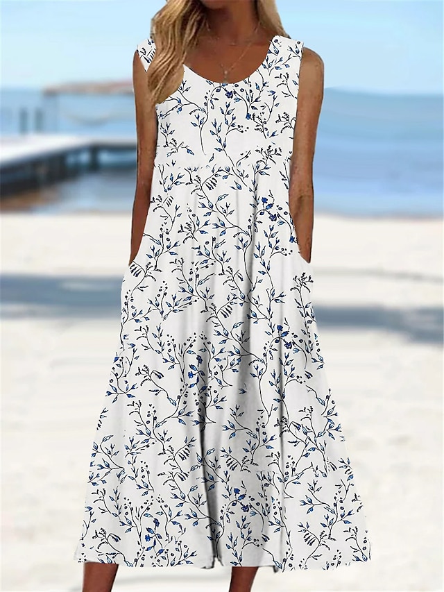 Women's Tank Dress Summer Dress Floral Print Pocket Crew Neck Midi