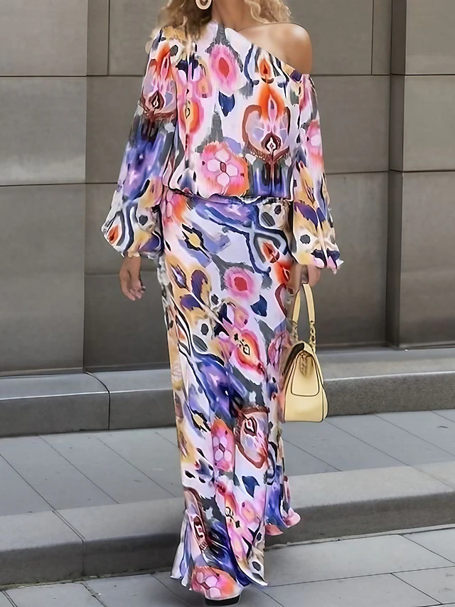 Women's Dress Set Casual Dress Sheath Dress Print Dress Fashion Streetwear Graphic Abstract Print Maxi Dress Long Sleeve One Shoulder Outdoor Vacation Red Royal Blue Sky Blue Summer Spring Loose Fit 18