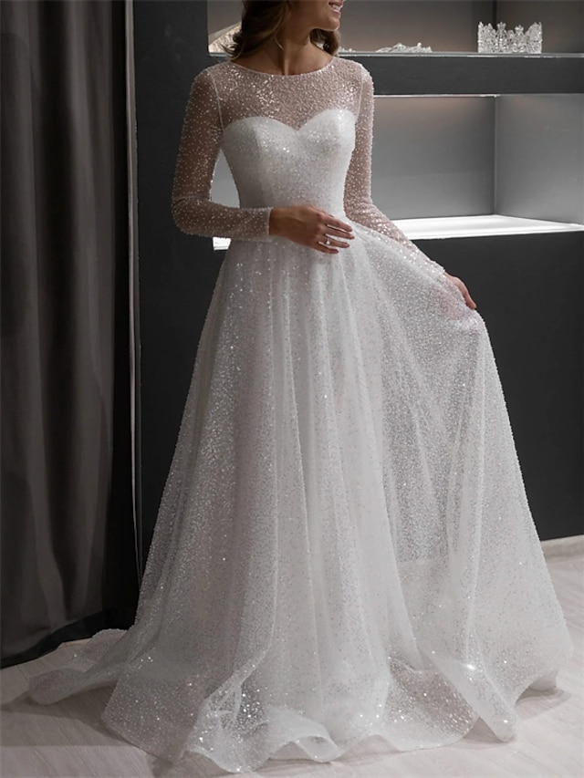 A-Line/Princess Long Sleeves Jewel Neck Evening Dresses With Glitter Pleats Ruched