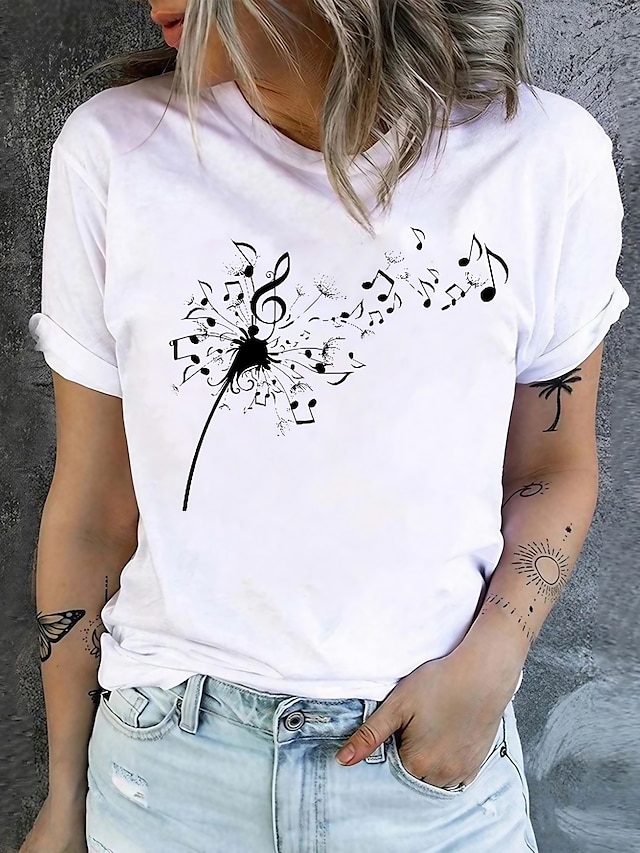  Mujer Camiseta Algodón 100% Algodón Diente de león Música Estampado Festivos Fin de semana Básico Manga Corta Escote Redondo Negro