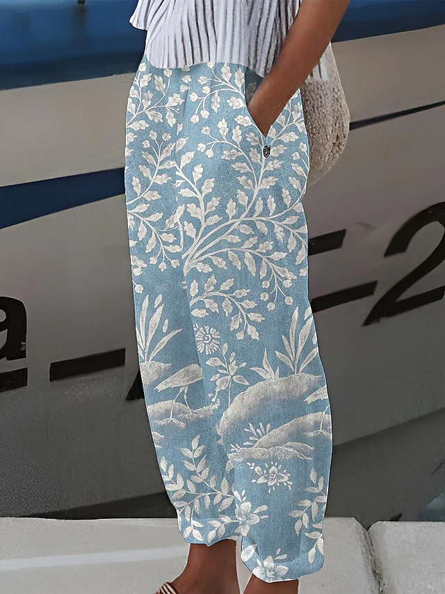 Women's Cotton Linen Pants Baggy Pants Linen Like Casual Comfort Full Length Mid Waist Plants Print Comfy Breathable Micro-elastic Light Yellow Light Pink Buff Transparent Blue Summer Spring Fall 6