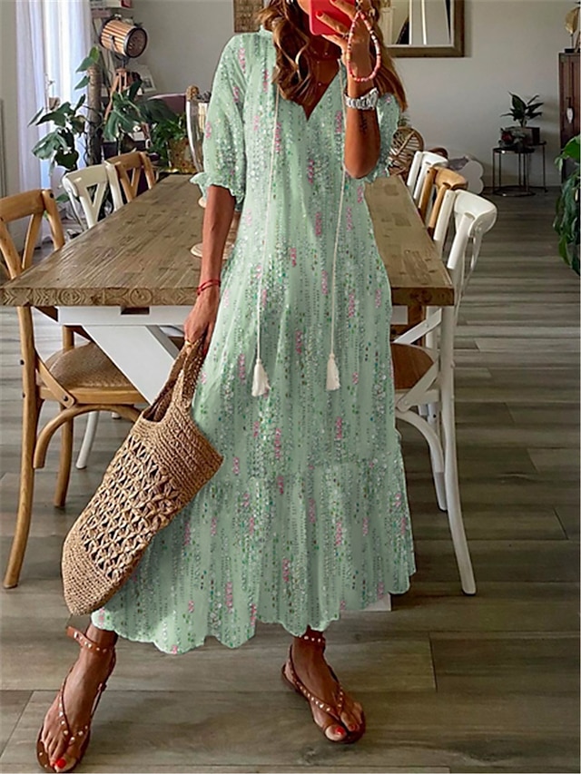  Women's Floral Tassel Fringe V Neck Maxi long Dress Half Sleeve Summer