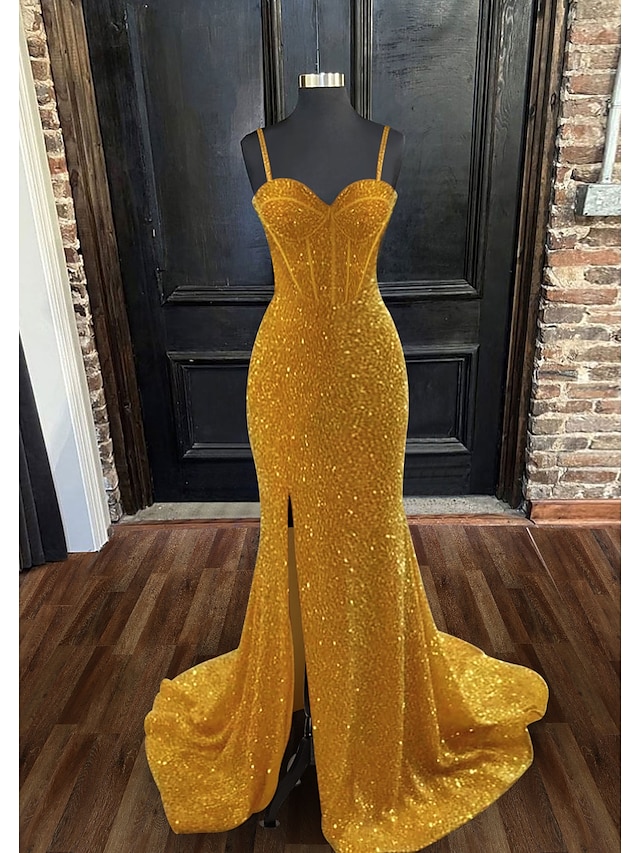  Mermaid / Trumpet Prom Dresses Sparkle & Shine Dress Formal Wedding Guest Sweep / Brush Train Sleeveless Sweetheart Sequined Backless with Sequin Slit 2024