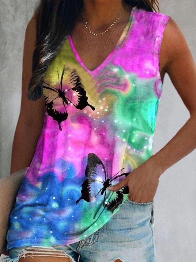  Women's Tank Top Butterfly Tie Dye Print Vacation Stylish Sleeveless V Neck Fuchsia Summer