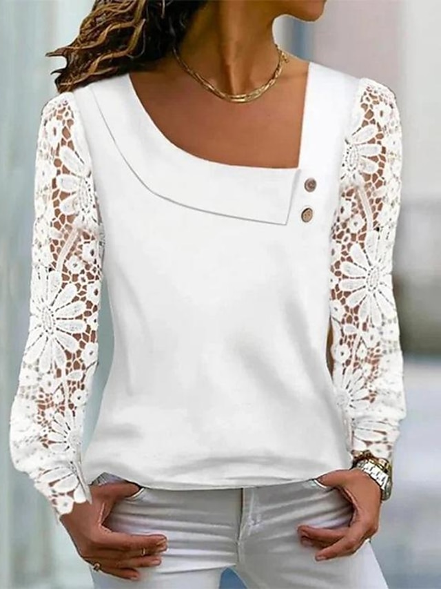 Women's Shirt Lace Shirt Blouse Eyelet top Plain Lace Button Casual Elegant Fashion Basic Long Sleeve V Neck White Spring Fall