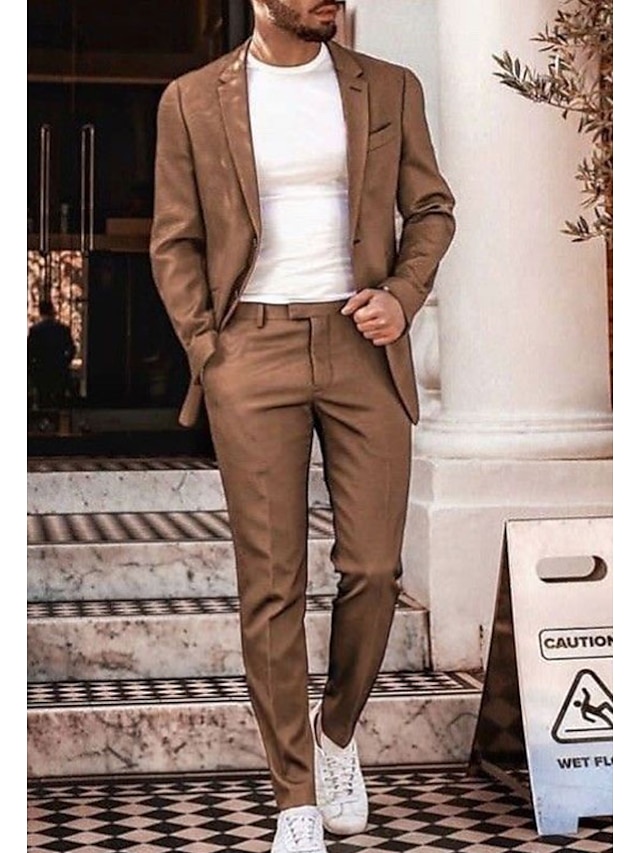  Light Blue Brown Beige Men's Wedding Beach Summer Linen Suits Solid Colored 2 Piece Tailored Fit Single Breasted One-Button 2024