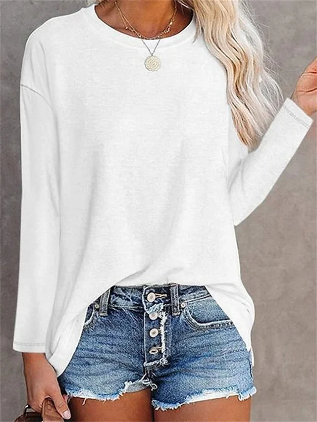 Women's T shirt Long Sleeve Crew Neck Long Sleeve Tunic Solid Color Plain Daily Basic Round Neck Regular Tops Daily Black White Pink Blue Gray Fall & Winter Prefall 9