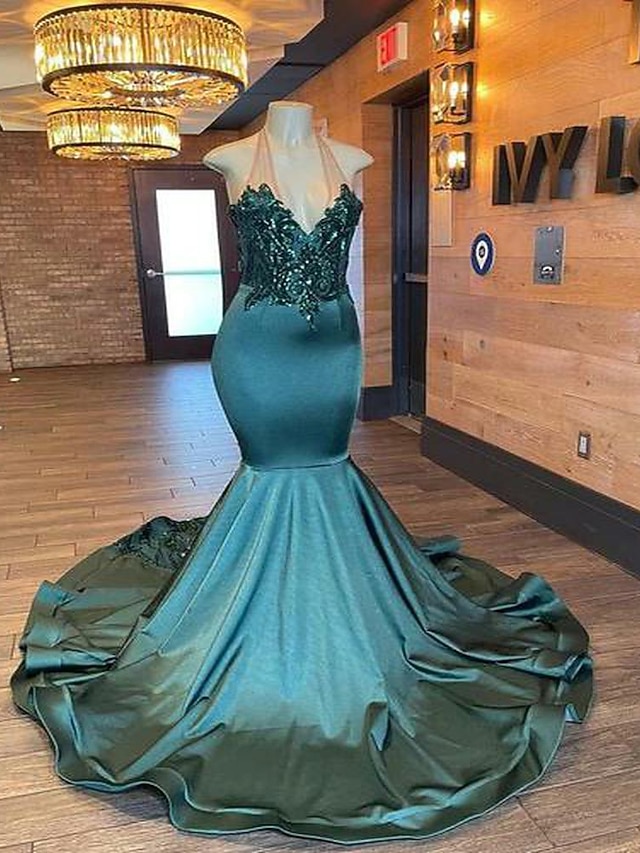 turquoise graduation dress Dark Green Glitter Lace Satin Mermaid Prom Dress main image 1