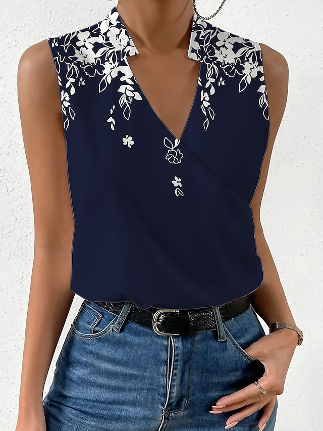  Women's Tank Top Floral Print Casual Holiday Basic Sleeveless V Neck Navy Blue