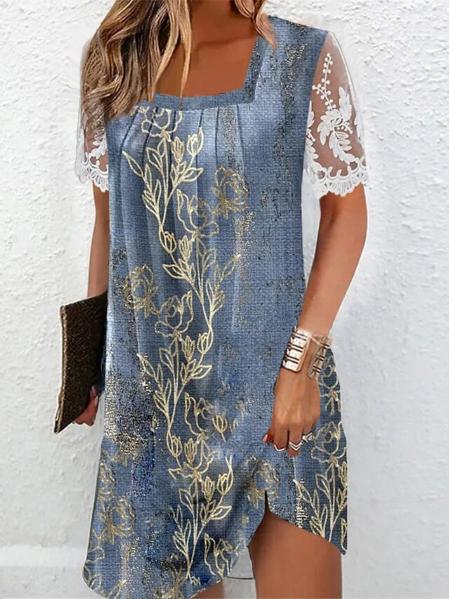  Women's Casual Dress Summer Dress Print Dress Floral Lace Patchwork Square Neck Lace Sleeve Mini Dress Fashion Streetwear Outdoor Daily Short Sleeve Regular Fit Blue Summer Spring S M L XL XXL