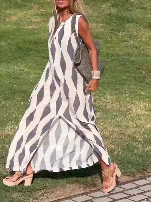  Women's Tank Dress Geometric Print Split Neck Maxi long Dress Vacation Sleeveless Summer Spring