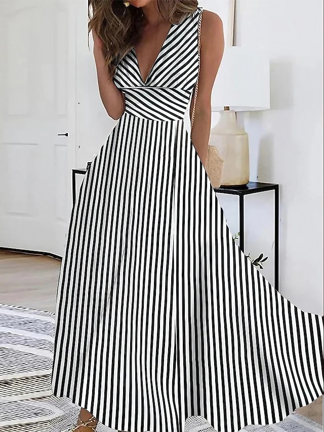  Dames A lijn jurk Tank-jurk Streep Afdrukken V-hals Maxi-jurk Dagelijks Afspraakje Mouwloos Zomer Lente