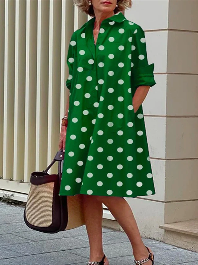 Women's Shirt Dress Casual Dress Shift Dress Midi Dress Outdoor Daily Vacation Fashion Modern Shirt Collar Button Pocket 3/4 Length Sleeve Summer Spring Loose Fit Polka Dot 5
