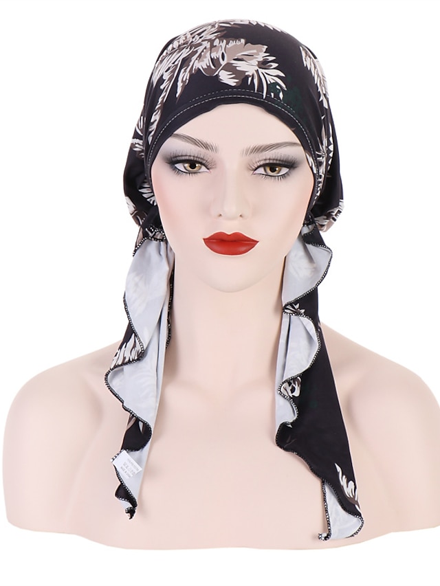  Frauen bedrucktes vorgebundenes Kopftuch elastischer muslimischer weiblicher Turban weicher Hut Haarausfallabdeckung Kopfwickel Kopfbedeckung Stretch-Bandana