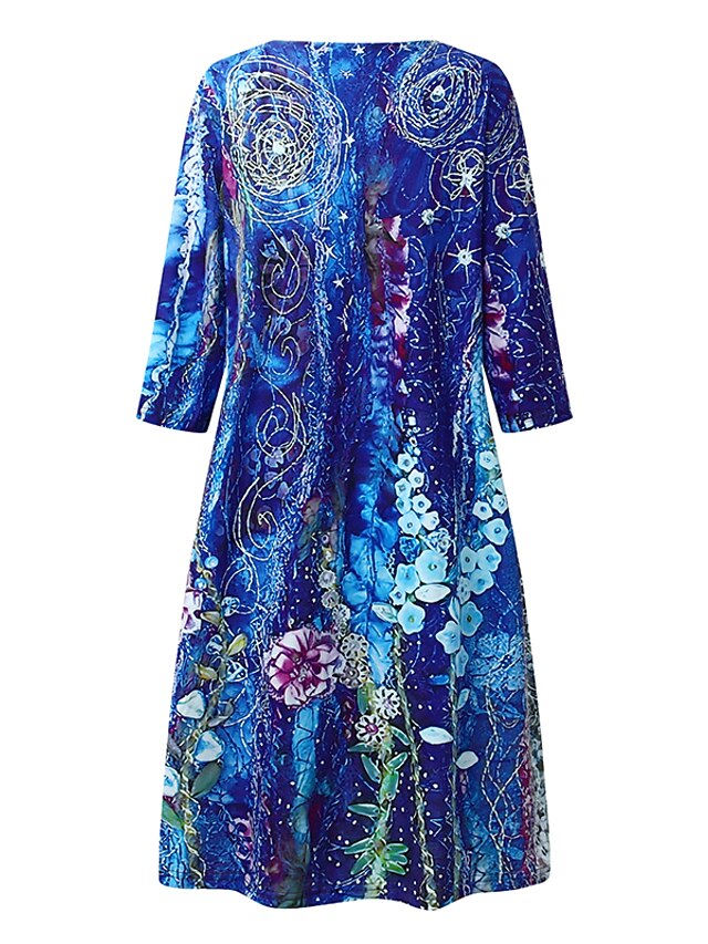 Women‘s Shift Dress Knee Length Dress 3/4 Length Sleeve Floral Print