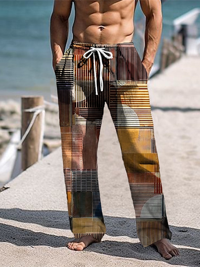  Men's Trousers Summer Pants Beach Pants Drawstring Elastic Waist 3D Print Stripe Geometric Pattern Graphic Prints Comfort Casual Daily Holiday Streetwear Hawaiian Yellow Blue