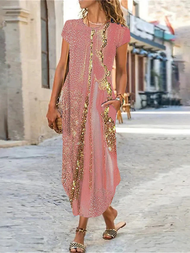 Women's Maxi Dress Shift Dress Ombre Marble Pocket Split Crew Neck Daily Date Short Sleeve Summer Spring3