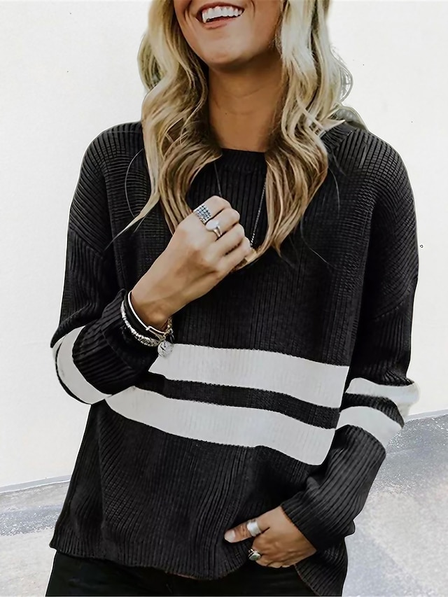  Women's Pullover Sweater Jumper Crew Neck Ribbed Knit Acrylic Patchwork Summer Spring Daily Going out Weekend Stylish Casual Soft Long Sleeve Striped Black White Pink S M L