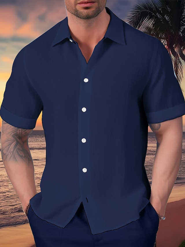  Men's Shirt Button Up Shirt Casual Shirt Summer Shirt White Wine khaki Dark Blue Short Sleeve Plain Lapel Daily Vacation Clothing Apparel Fashion Casual Comfortable