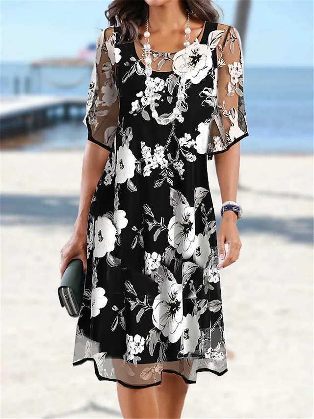 Women's Summer Dress Print Dress Floral Print Ruched U Neck Midi Dress ...