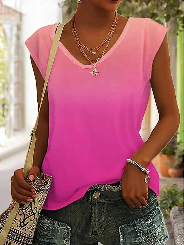  Pentru femei Bluză Ombre Gradient de culoare Casual Vacanță Imprimeu Roz Îmbujorat Fără manșon Stilat Neon & Luminos În V Vară