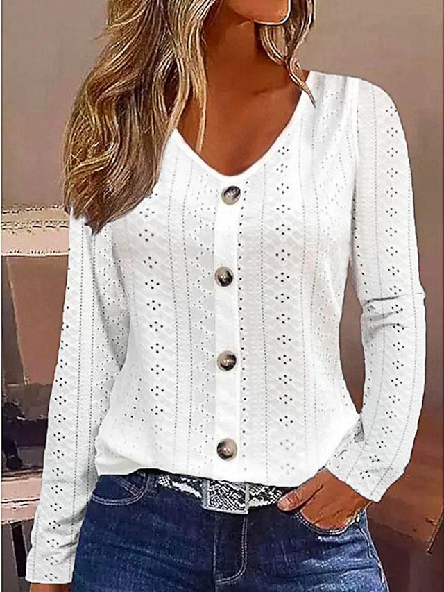  Per donna maglietta Liscio Informale Pulsante Bianco Manica lunga Elegante Di tendenza Essenziale A V Autunno inverno