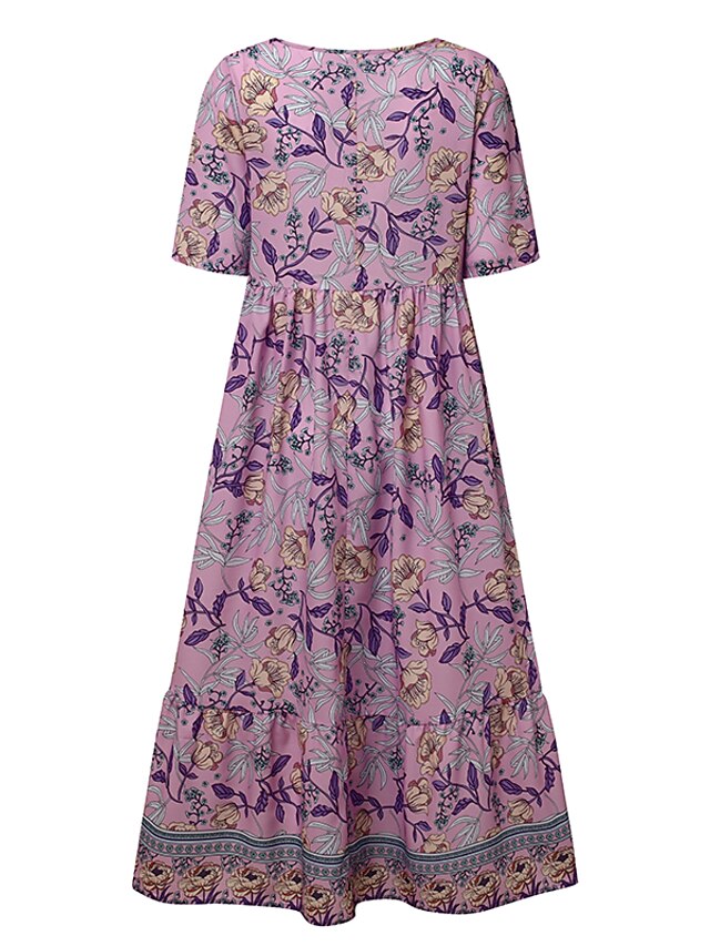 Women's A Line Dress Floral Ruched Pocket Crew Neck Midi Dress Daily ...