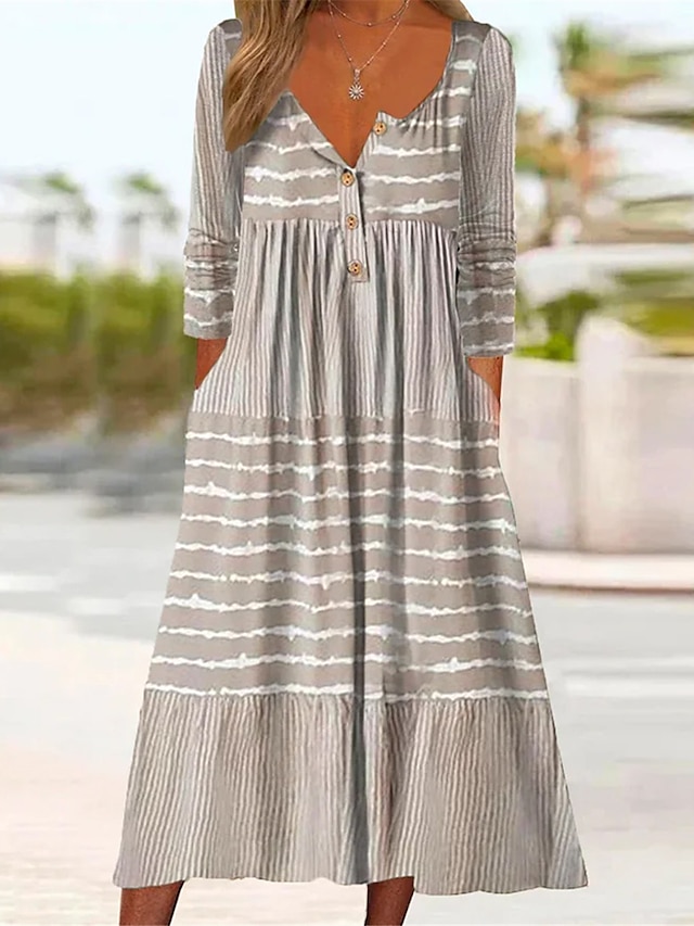 Women's Stripe Button Pocket Split Neck Midi Dress Daily Short Sleeve Summer Spring
