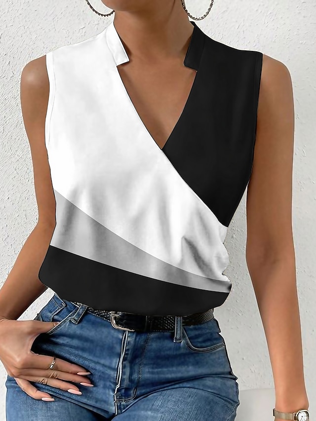  Pentru femei Bluză Bloc Culoare Casual Imprimeu Negru Fără manșon Elegant Epocă Modă În V