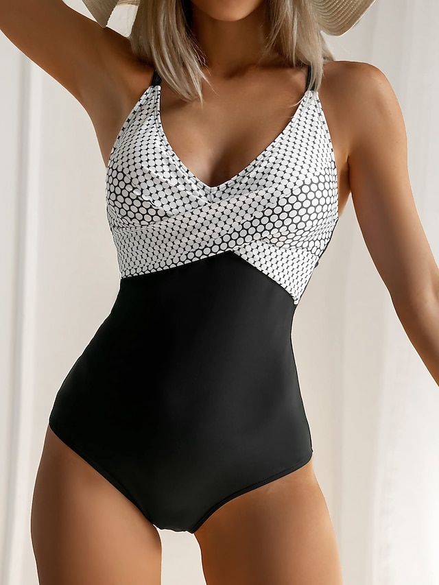  Women's Swimwear One Piece Swimsuit Ruched Criss Cross Polka Dot Strap Stylish Bathing Suits