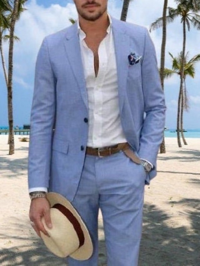 Costumes en lin pour hommes bleu clair costumes de mariage de plage d