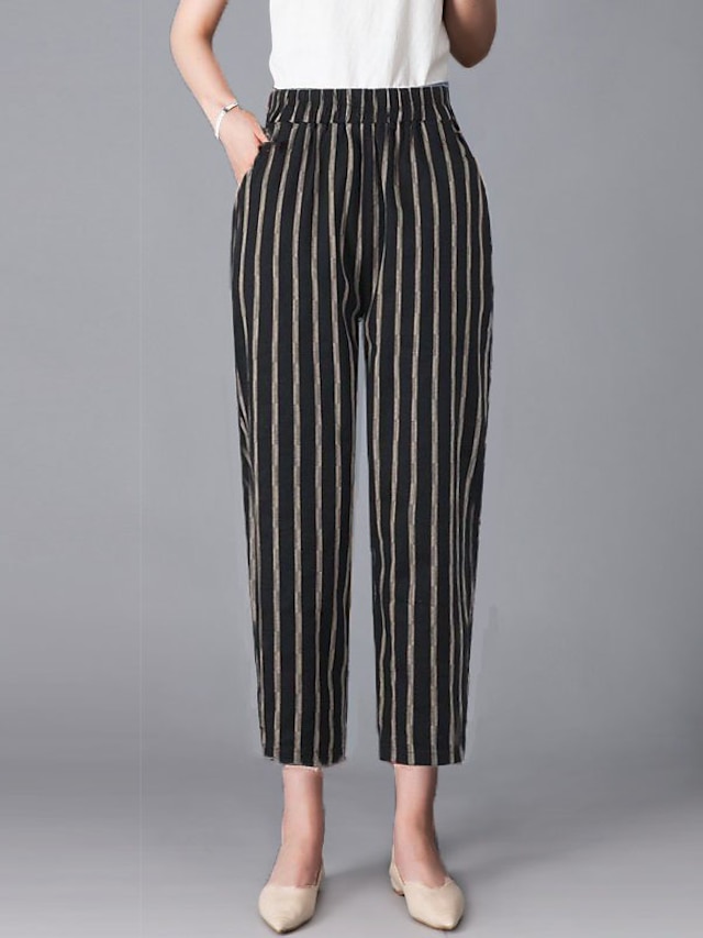  Women‘s Dress Work Pants Trousers Harem Cotton And Linen Black White Brown High Waist Streetwear Casual Comfort Vacation Daily Weekend Pocket Full Length Comfort Striped M L XL 2XL 3XL