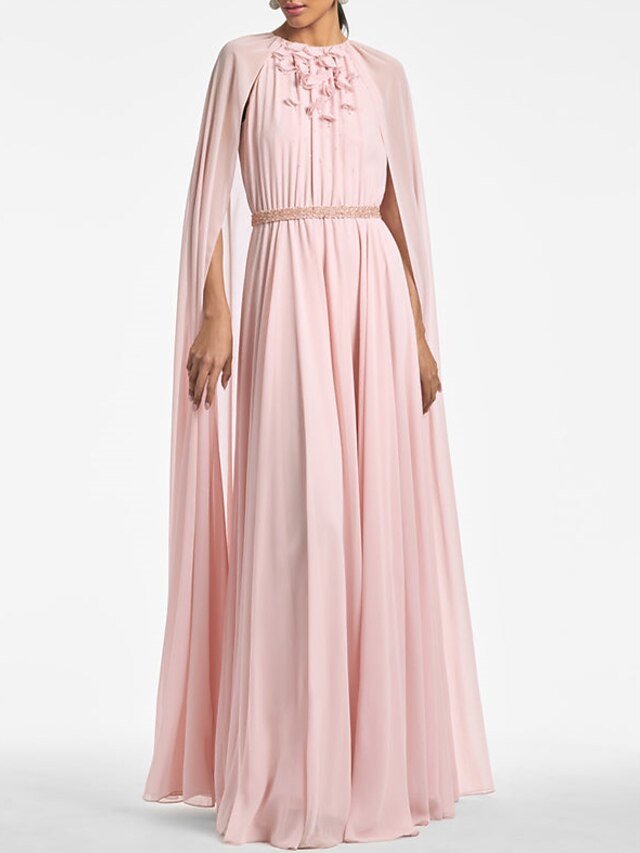 Mother Of The Bride Dress Tangerine Beaded Cape-Sleeve Jewel Neck Chiffon Maxi Mother Of The Bride Dresses