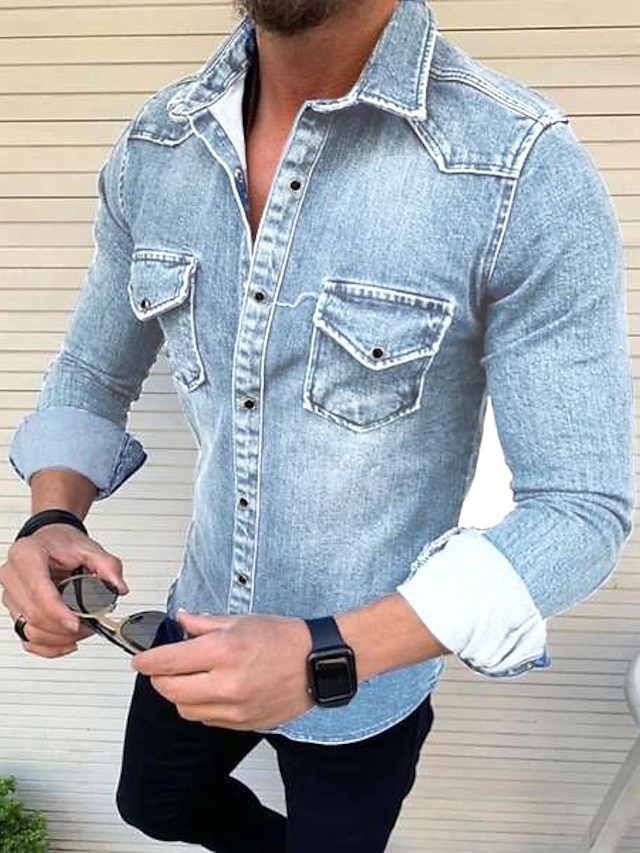 Men's Shirt Button Up Shirt Casual Shirt Black Dark Navy Dark Gray Long Sleeve main image 0